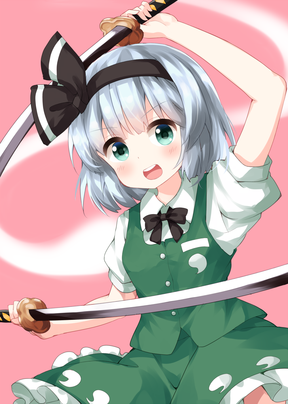 1girl bangs black_bow black_hairband black_neckwear blunt_bangs bow bowtie buttons collared_shirt eyebrows_visible_through_hair ghost ghost_print green_eyes green_skirt green_vest hairband highres hitodama holding holding_sword holding_weapon katana konpaku_youmu konpaku_youmu_(ghost) looking_at_viewer medium_hair multiple_swords open_mouth pink_background puffy_short_sleeves puffy_sleeves ruu_(tksymkw) shirt short_sleeves silver_hair simple_background skirt skirt_set solo sword teeth touhou v-shaped_eyebrows vest weapon white_shirt