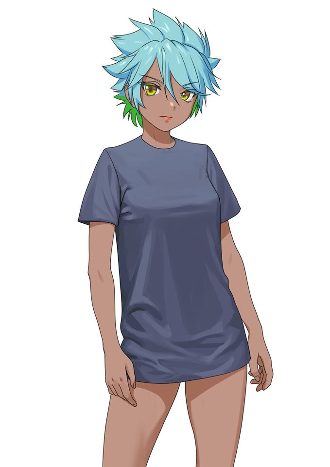 1girl artist_request bangs blue_hair blue_shirt breasts character_request copyright_request dark_skin eyebrows_visible_through_hair eyes_visible_through_hair green_eyes green_hair hair_between_eyes looking_at_viewer multicolored_hair no_pants shirt short_hair simple_background small_breasts source_request standing t-shirt white_background