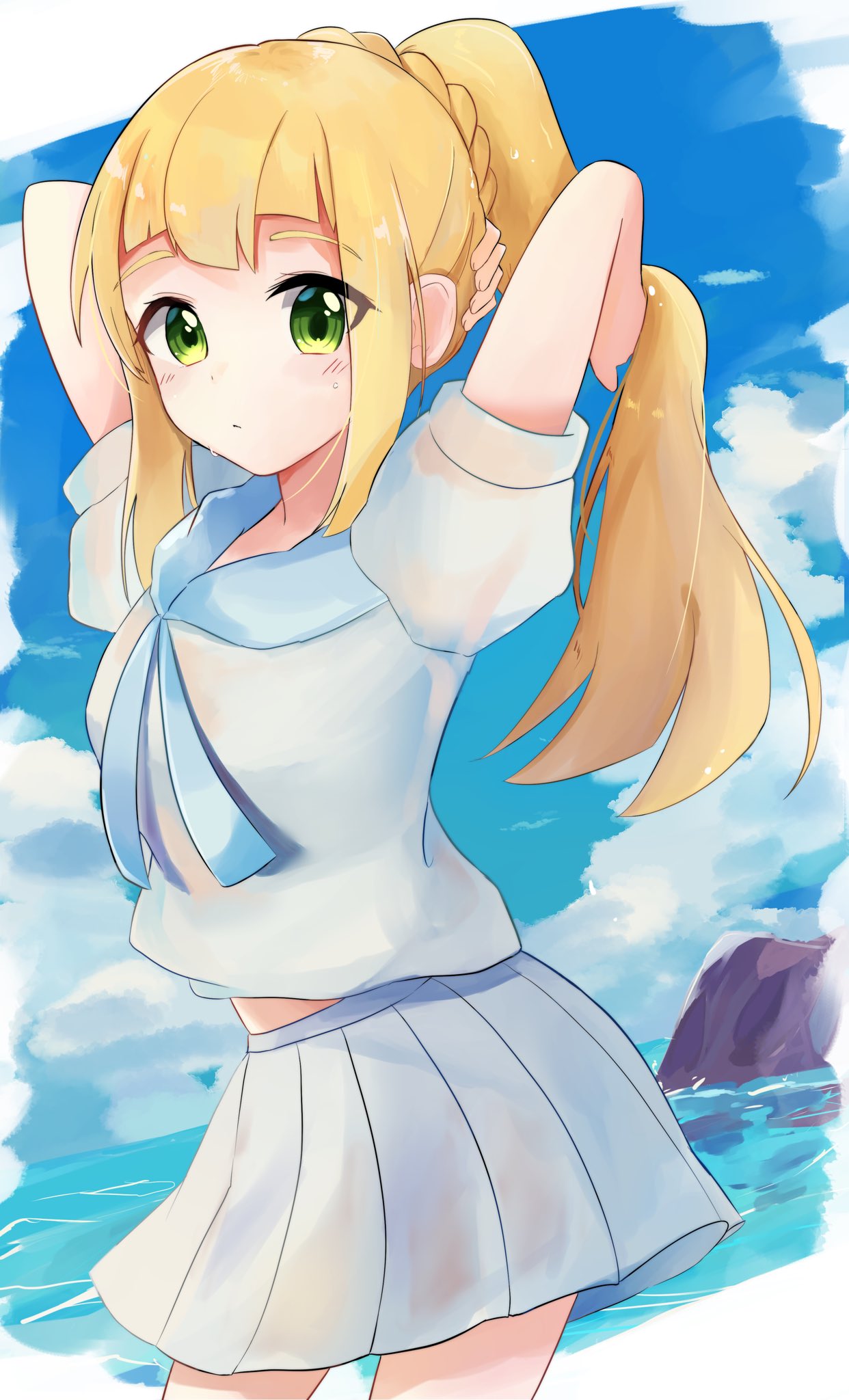 1girl bangs blonde_hair blush braid closed_mouth clouds commentary_request day eyebrows_visible_through_hair eyelashes goma_(nabepa_nabepa) green_eyes highres lillie_(pokemon) long_hair looking_at_viewer outdoors pleated_skirt pokemon pokemon_(game) pokemon_sm shirt short_sleeves sidelocks skirt sky water wet wet_clothes wet_shirt wet_skirt