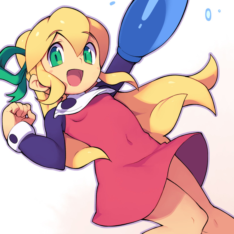 1girl :d arm_up blonde_hair commentary_request covered_navel dress eyebrows_visible_through_hair gradient green_eyes green_ribbon hair_ribbon long_hair looking_at_viewer metata open_mouth ponytail red_dress ribbon rockman rockman_(classic) roll_(rockman) smile white_background