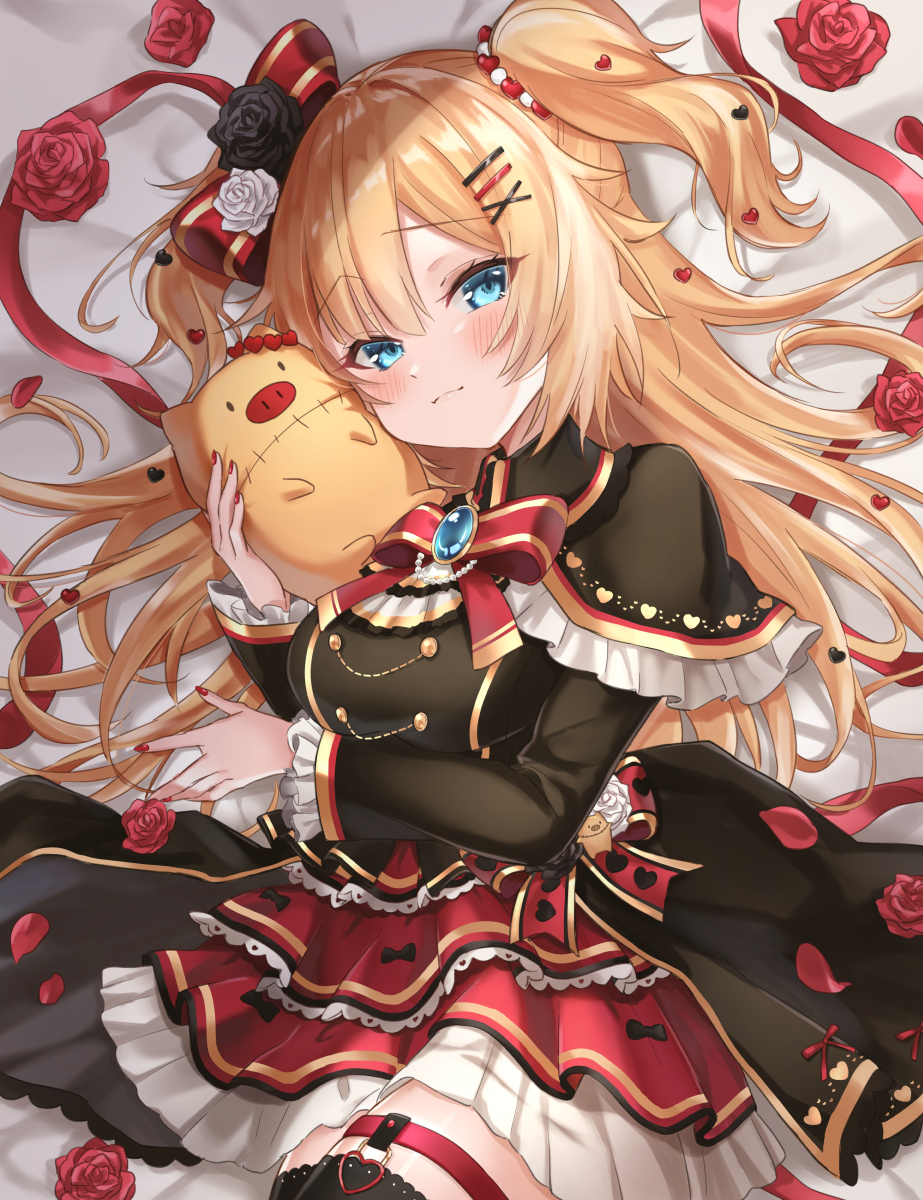 1girl :| akai_haato black_legwear blonde_hair blue_eyes blush bow breasts closed_mouth dress flower frilled_dress frills haaton_(akai_haato) hair_bow hair_ornament hairclip heart heart_hair_ornament highres hololive long_sleeves lying milluun petals ribbon rose rose_petals short_twintails solo thigh-highs twintails virtual_youtuber