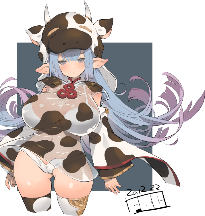 1girl animal_print artist_name blue_eyes blue_hair blush breasts cow_hood cow_horns cow_print dated detached_sleeves draph fbc gradient_hair granblue_fantasy horns large_breasts long_hair looking_at_viewer multicolored_hair navel pink_hair pointy_ears shatola_(granblue_fantasy) sheer_clothes short_shorts shorts solo transparent_background white_shorts wide_sleeves