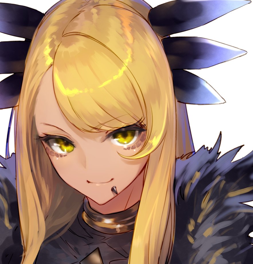 1girl blonde_hair commentary_request eyebrows_visible_through_hair facial_mark fate/grand_order fate_(series) fur_trim hair_ornament jazztaki jewelry lip_piercing neck_ring piercing simple_background solo upper_body vritra_(fate) white_background yellow_eyes