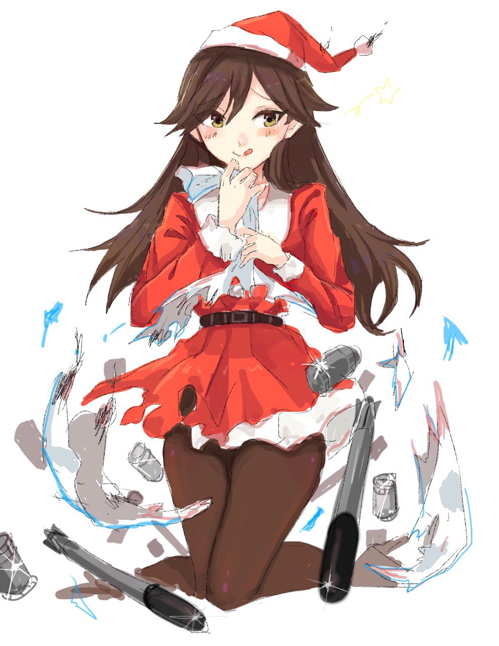 1girl :q alternate_costume arashio_(kantai_collection) black_legwear brown_hair christmas depth_charge dress eyebrows_visible_through_hair hagioshi hat highres holding holding_sack kantai_collection kneeling long_hair long_sleeves pantyhose red_dress sack santa_costume santa_hat simple_background sketch sparkle star_(symbol) tongue tongue_out torn_sack torpedo white_background yellow_eyes