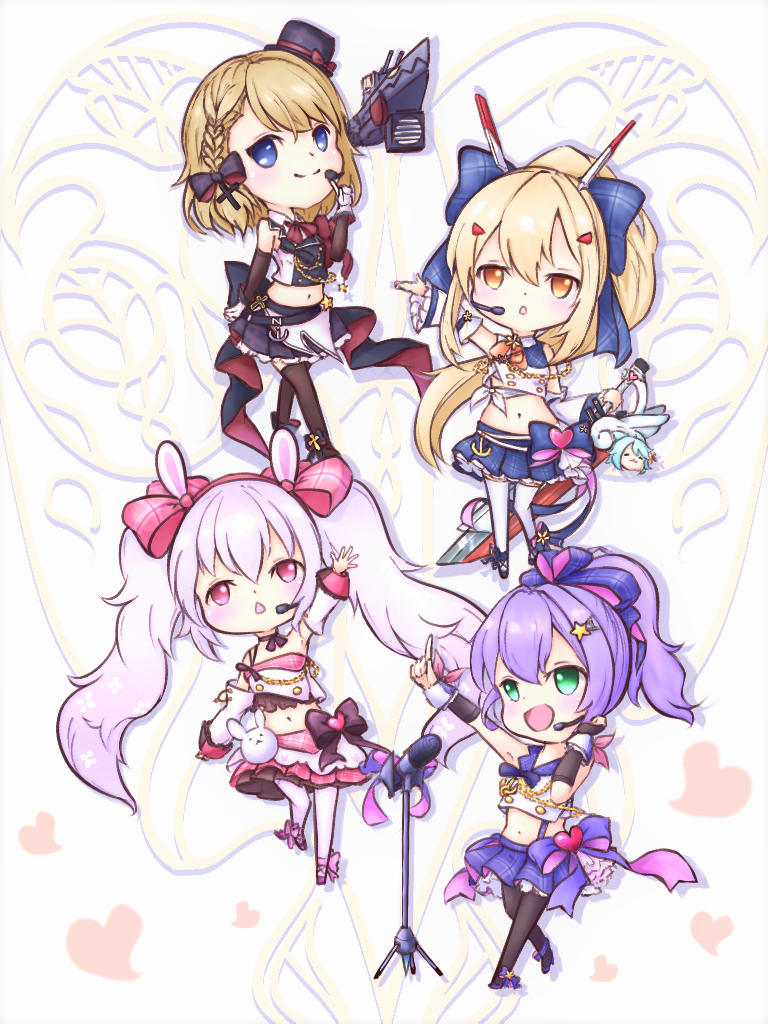 4girls :d animal_ears aqua_hair arm_up armpits ayanami_(azur_lane) ayanami_(troubled_star_idol)_(azur_lane) azur_lane black_legwear blue_eyes bow braid brown_hair character_doll chibi commentary_request detached_sleeves fake_animal_ears floating fubuki_(azur_lane) gloves green_eyes hair_between_eyes hair_bow hair_ornament hair_ribbon hairband hairclip heart heart_background holding holding_sword holding_weapon idol index_finger_raised iron_cross javelin_(aspiring_new_idol)_(azur_lane) javelin_(azur_lane) kiyotaka laffey_(azur_lane) laffey_(halfhearted_bunny_idol)_(azur_lane) light_purple_hair long_hair looking_at_viewer machinery microphone microphone_stand midriff multiple_girls music navel open_mouth orange_eyes pantyhose pink_eyes platinum_blonde_hair pleated_skirt pose purple_hair rabbit_ears reaching ribbon short_hair simple_background singing single_braid skirt smile star_(symbol) star_hair_ornament sword thigh-highs triangle_mouth turret weapon white_gloves white_legwear wide_sleeves z23_(azur_lane) z23_(serious_idol_-_is_she_also_the_manager!?)_(azur_lane) zettai_ryouiki