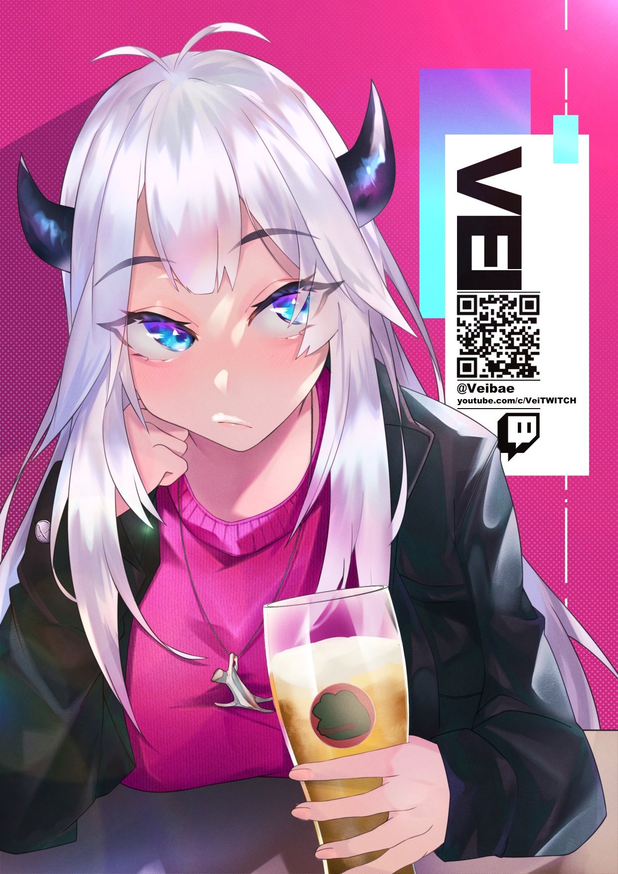 1girl alcohol alternate_costume bangs beer black_jacket blue_eyes character_name clenched_hand cup eyebrows_visible_through_hair highres holding holding_cup horns indie_virtual_youtuber jacket jewelry long_hair looking_to_the_side looking_up mugon/shizima necklace pink_sweater qr_code solo sweater twitch.tv twitter_username vei_(vtuber) virtual_youtuber watermark web_address white_hair