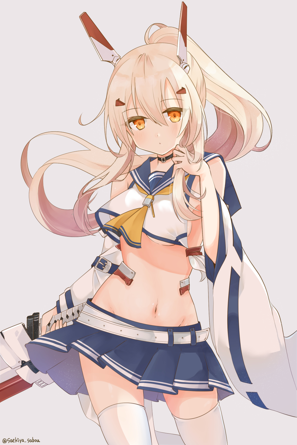 1girl adjusting_hair arm_belt ayanami_(azur_lane) azur_lane bangs belt black_choker blue_sailor_collar blue_skirt blush breasts choker commentary_request cowboy_shot crop_top detached_sleeves duplicate eyebrows_visible_through_hair eyes_visible_through_hair grey_background hair_between_eyes hair_ornament hairclip headgear highres holding holding_sword holding_weapon long_hair long_sleeves looking_at_viewer medium_breasts midriff navel pleated_skirt ponytail retrofit_(azur_lane) revision saekiya_sabou sailor_collar school_uniform serafuku sidelocks silver_hair simple_background skirt solo sword thigh-highs twitter_username under_boob weapon white_legwear wide_sleeves yellow_eyes zettai_ryouiki