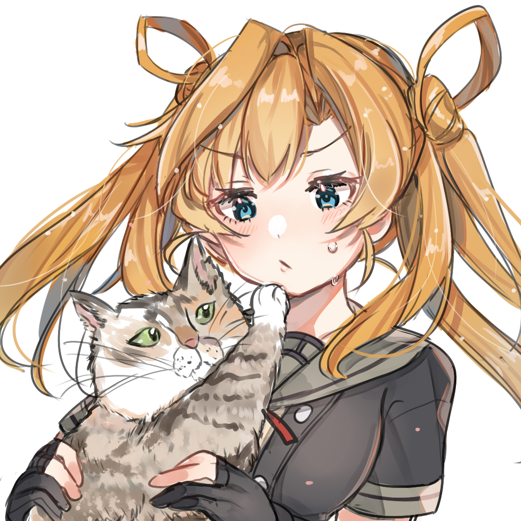 1girl abukuma_(kantai_collection) bangs black_gloves black_jacket blonde_hair blue_eyes cat commentary_request double_bun gloves grey_sailor_collar grey_skirt hair_between_eyes hair_rings jacket kantai_collection long_hair partially_fingerless_gloves remodel_(kantai_collection) sagor942014 sailor_collar school_uniform serafuku short_sleeves simple_background skirt solo upper_body white_background