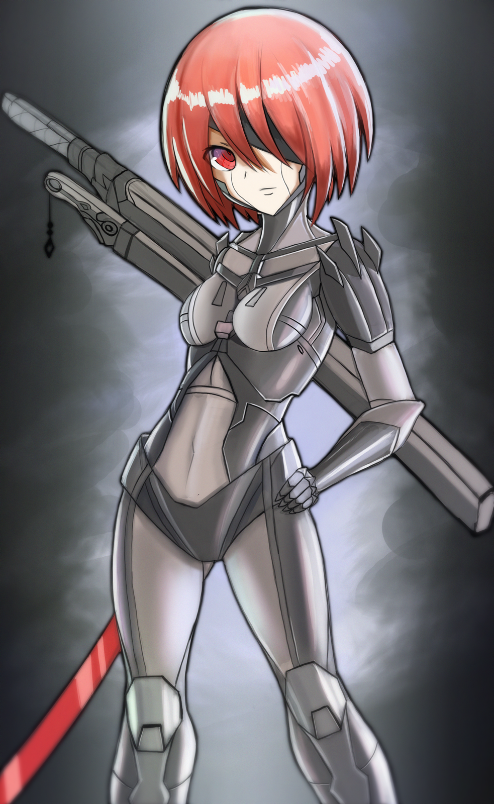 1girl breasts comystro contrapposto cyborg english_commentary eyepatch hand_on_hip highres looking_at_viewer metal_gear_(series) metal_gear_rising:_revengeance original red_eyes redhead sheath short_hair simple_background small_breasts solo standing sword weapon