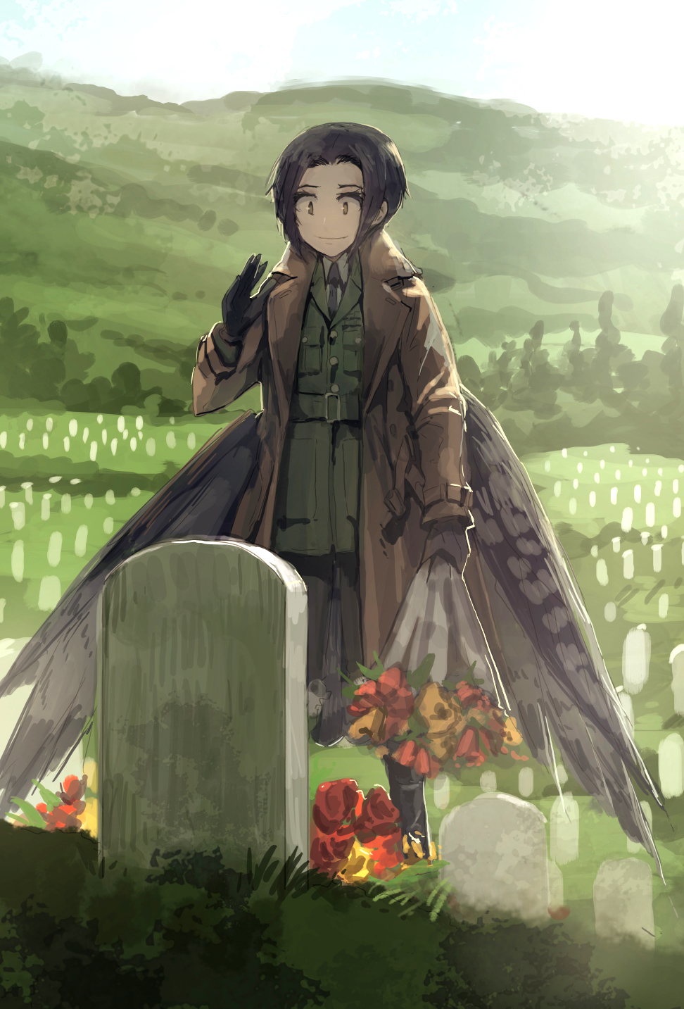 1girl amelia_shaw asterisk_kome bird_wings black_footwear black_gloves black_hair black_neckwear blue_sky boots bouquet brown_coat brown_eyes closed_mouth coat commentary day dress_shirt flower gloves graveyard green_jacket green_pants highres hill holding holding_bouquet jacket low_wings military military_uniform necktie open_clothes open_coat outdoors pants red_flower shirt short_hair sky smile solo standing tombstone trench_coat uniform waving wing_collar winged_fusiliers wings yellow_flower