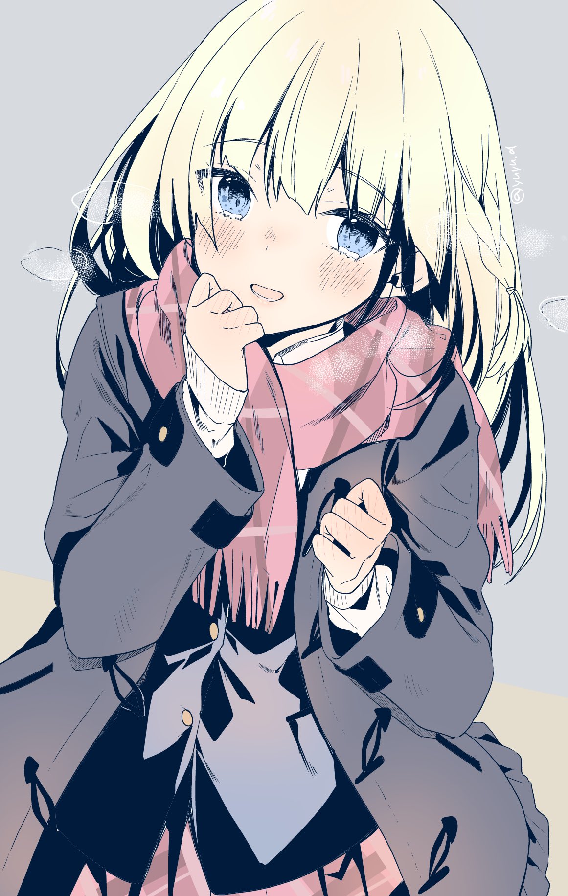 1girl argyle argyle_scarf bangs blazer blonde_hair blue_eyes blush braid breath buttons coat commentary_request eyebrows_visible_through_hair eyelashes grey_background highres jacket long_hair long_sleeves looking_at_viewer open_clothes open_coat open_mouth original red_scarf red_skirt scarf school_uniform simple_background skirt sleeves_past_wrists smile solo standing twitter_username wing_collar winter winter_clothes winter_coat yu_yu