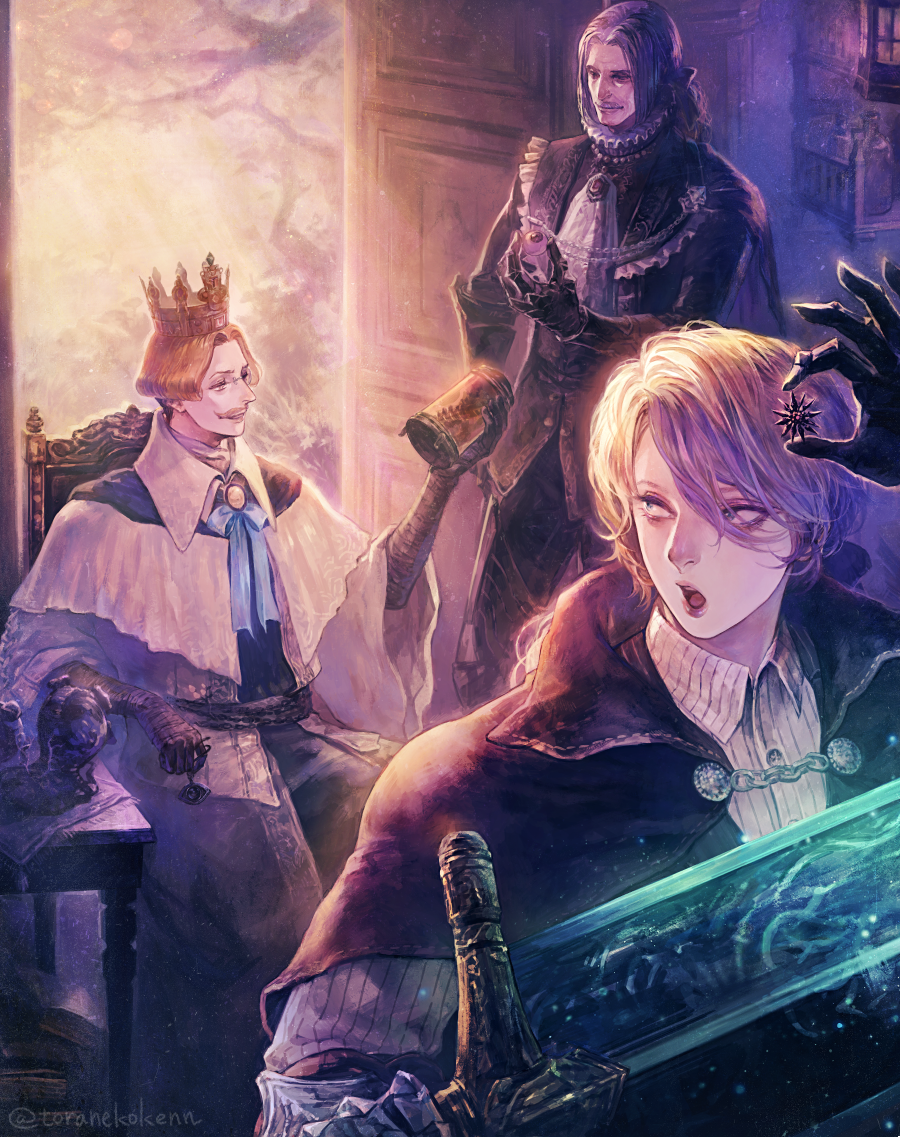 1girl 2boys ascot badge bangs blonde_hair bloodborne branch chain chair closed_mouth collar crown door eyeball facial_hair frilled_collar frills gem gloves glowing glowing_sword glowing_weapon green_eyes hair_ribbon holding holding_sword holding_weapon holy_moonlight_sword hunter_(bloodborne) jar jewelry long_sleeves looking_back multiple_boys mustache ok_sign old old_man open_mouth oyabin_(shikouann) parted_bangs ponytail ribbon short_hair sitting spine sword table tree turning_head weapon white_hair yellow_eyes