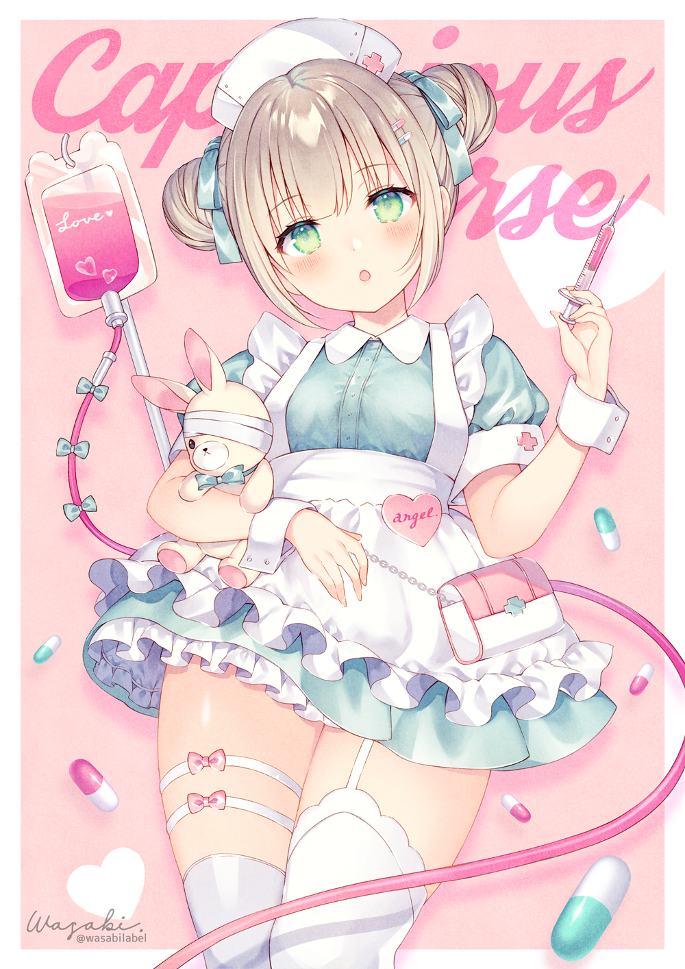 1girl :o apron background_text bandages bangs blush bow breasts brown_hair collared_dress commentary_request double_bun dress eyebrows_visible_through_hair frilled_apron frills green_bow green_dress green_eyes hair_bow hand_up hat head_tilt heart highres holding holding_syringe intravenous_drip nurse nurse_cap object_hug original parted_lips pink_background puffy_short_sleeves puffy_sleeves short_sleeves sidelocks small_breasts solo stuffed_animal stuffed_bunny stuffed_toy syringe two-tone_background wasabi_(sekai) white_apron white_background white_headwear wrist_cuffs