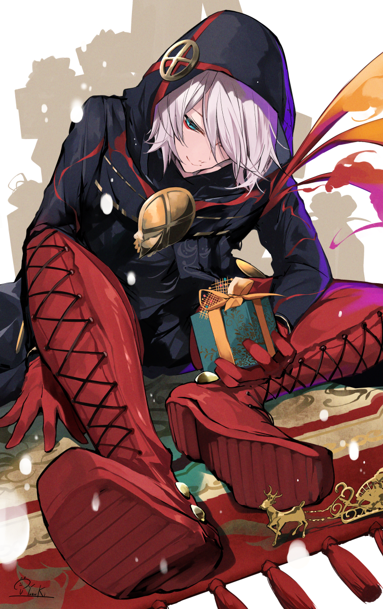 1boy black_coat boots box coat colored_skin cross-laced_footwear eyeshadow fate/grand_order fate_(series) feet foreshortening full_body gift gift_box gloves green_eyes hair_over_one_eye highres hirai_yuzuki holding holding_gift hood hood_up karna_(santa)_(fate) lace-up_boots leaning_forward makeup male_focus red_footwear red_gloves reindeer short_hair sitting solo thigh-highs thigh_boots tsurime white_hair white_skin