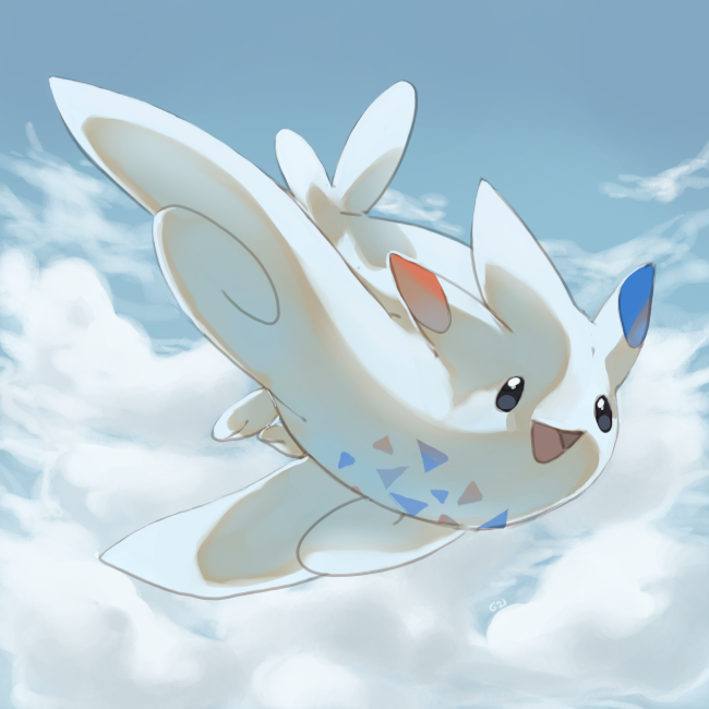 :d black_eyes blue_sky clouds cloudy_sky commentary creature day english_commentary flying full_body gen_4_pokemon looking_at_viewer no_humans open_mouth pinkgermy pokemon pokemon_(creature) sky smile solo togekiss