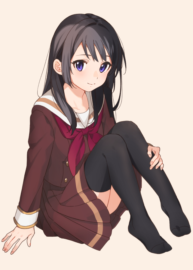 1girl arm_support black_hair black_legwear booota brown_background brown_shirt brown_skirt closed_mouth commentary hibike!_euphonium kitauji_high_school_uniform kneehighs knees_together_feet_apart knees_up kousaka_reina long_hair looking_at_viewer neckerchief pleated_skirt red_neckwear sailor_collar school_uniform serafuku shirt simple_background sitting skirt smile socks solo uniform violet_eyes white_sailor_collar