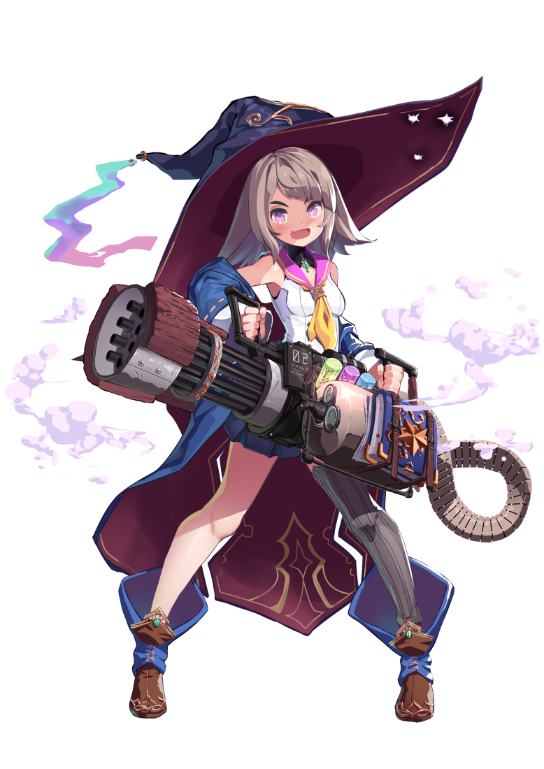 1girl bare_shoulders blue_headwear blush book brown_footwear brown_hair bullet_hole fang gatling_gun grey_legwear gun hat holding holding_gun holding_weapon large_hat long_hair number open_mouth original pink_eyes simple_background single_thighhigh skin_fang smile solo sorcerer ssorasora standing steam thigh-highs vial weapon white_background witch_hat yellow_neckwear