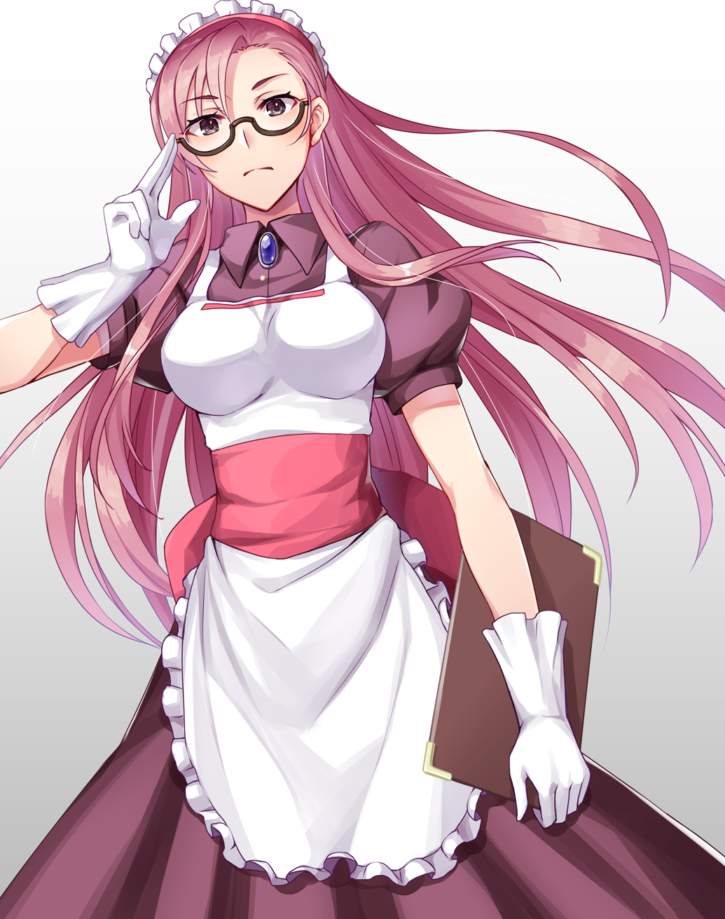 1girl adjusting_eyewear apron bangs black-framed_eyewear blush brown_dress clipboard closed_mouth collared_dress commentary_request cowboy_shot dress eyebrows_visible_through_hair frilled_apron frills glasses gloves highres holding holding_clipboard ike_masato impossible_clothes impossible_dress kafra long_hair looking_at_viewer maid maid_apron maid_headdress pink_hair puffy_short_sleeves puffy_sleeves ragnarok_online red_sash sash semi-rimless_eyewear short_sleeves simple_background solo standing under-rim_eyewear white_apron white_background white_gloves