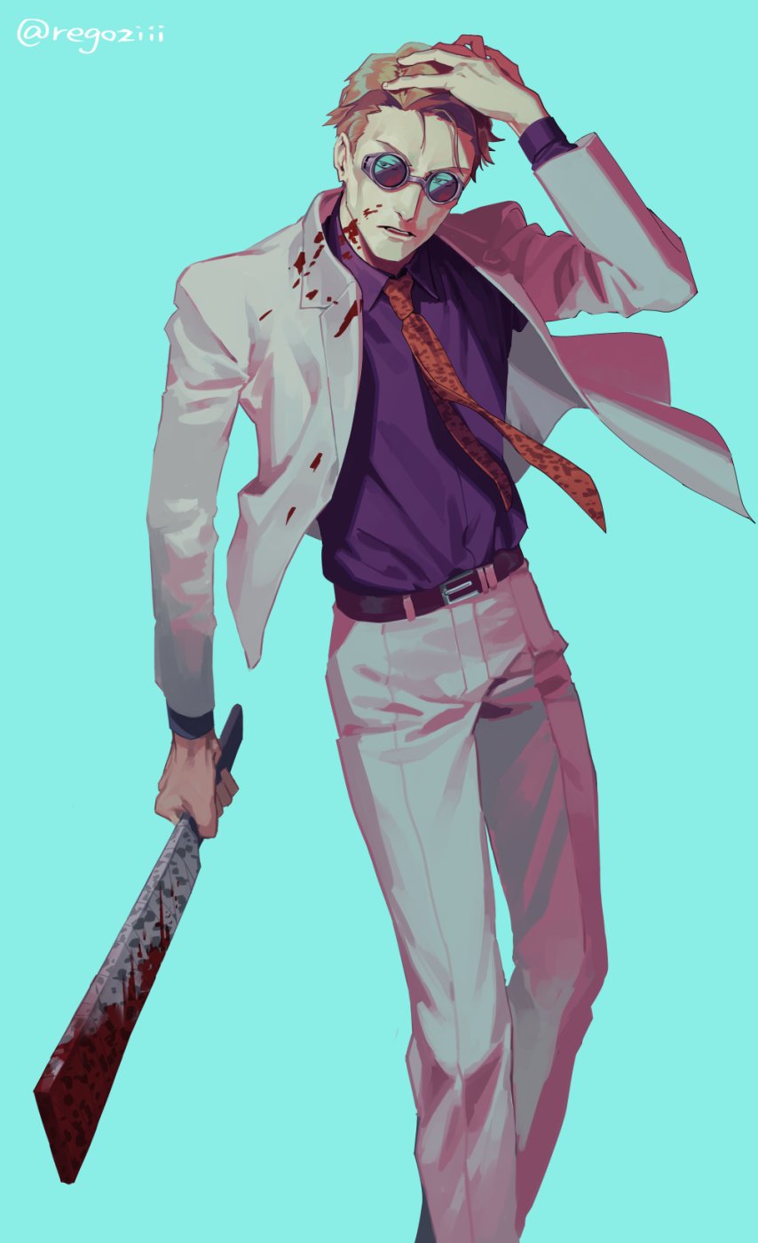 1boy arm_up belt black_belt blonde_hair blood blood_on_face bloody_weapon blue_background blue_shirt collared_shirt dress_shirt feet_out_of_frame formal grey_jacket grey_pants grey_suit hand_on_own_head highres holding holding_sword holding_weapon jacket jujutsu_kaisen long_sleeves looking_at_viewer male_focus nanami_kento necktie open_mouth pants red_neckwear regoziii round_eyewear shirt shirt_tucked_in short_hair simple_background solo standing sunglasses sword twitter_username weapon