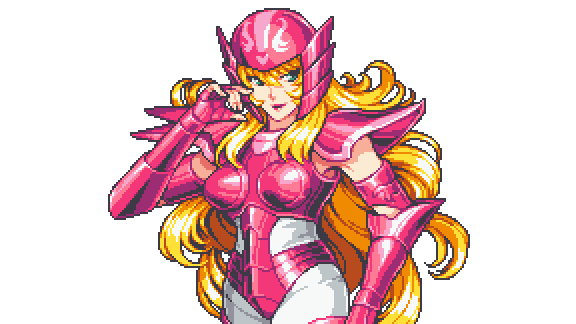 1girl armor blonde_hair blue_eyes bracer breasts fantasy fingerless_gloves gloves helmet long_hair looking_to_the_side medium_breasts mermaid_thetis pink_gloves pixel_art saint_seiya solo transparent_background very_long_hair x0_000