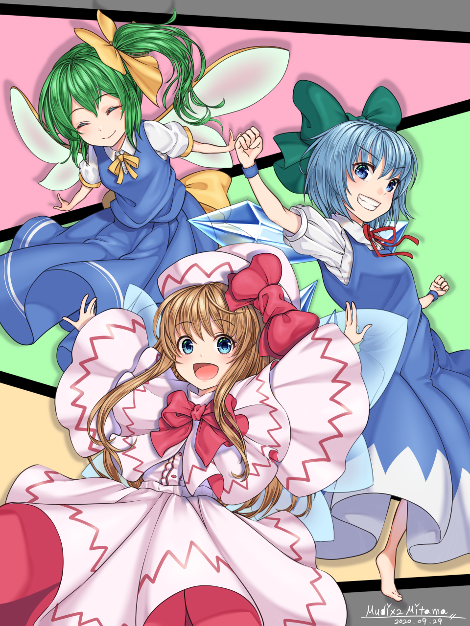 3girls artist_name barefoot blonde_hair blouse blue_dress blue_eyes blue_hair blue_skirt blue_vest bow bowtie cirno clenched_hands closed_eyes commentary_request daiyousei dated dress eyebrows_visible_through_hair fairy_wings green_bow green_hair grin hair_bow hair_ribbon hat hat_bow highres ice ice_wings lily_white looking_at_viewer mitama_mudimudi multicolored multicolored_background multiple_girls neck_ribbon one_side_up open_mouth outstretched_arms red_bow red_neckwear ribbon shirt short_sleeves skirt skirt_set smile touhou v-shaped_eyebrows vest waist_bow white_blouse white_shirt wide_sleeves wings wristband yellow_bow yellow_neckwear yellow_ribbon