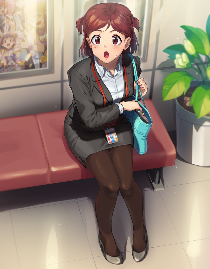 1girl aoba_misaki bag bangs black_legwear blurry brown_eyes brown_hair carrying commentary dress_shirt formal frown grey_footwear grey_jacket grey_skirt handbag high_heels idolmaster idolmaster_million_live! indoors jacket kamille_(vcx68) lanyard long_sleeves looking_at_viewer miniskirt office_lady open_mouth pantyhose pencil_skirt plant poster_(object) shadow shirt short_hair sitting skirt skirt_suit solo sparkle suit sweatdrop swept_bangs two_side_up white_shirt wing_collar