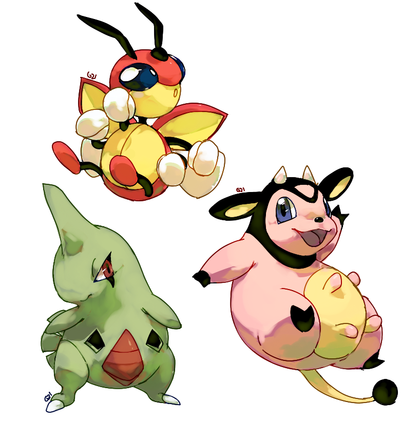 :d commentary cow creature english_commentary full_body gen_2_pokemon horns larvitar ledian looking_at_viewer miltank no_humans open_mouth pinkgermy pokemon pokemon_(creature) signature single_horn smile standing transparent_background