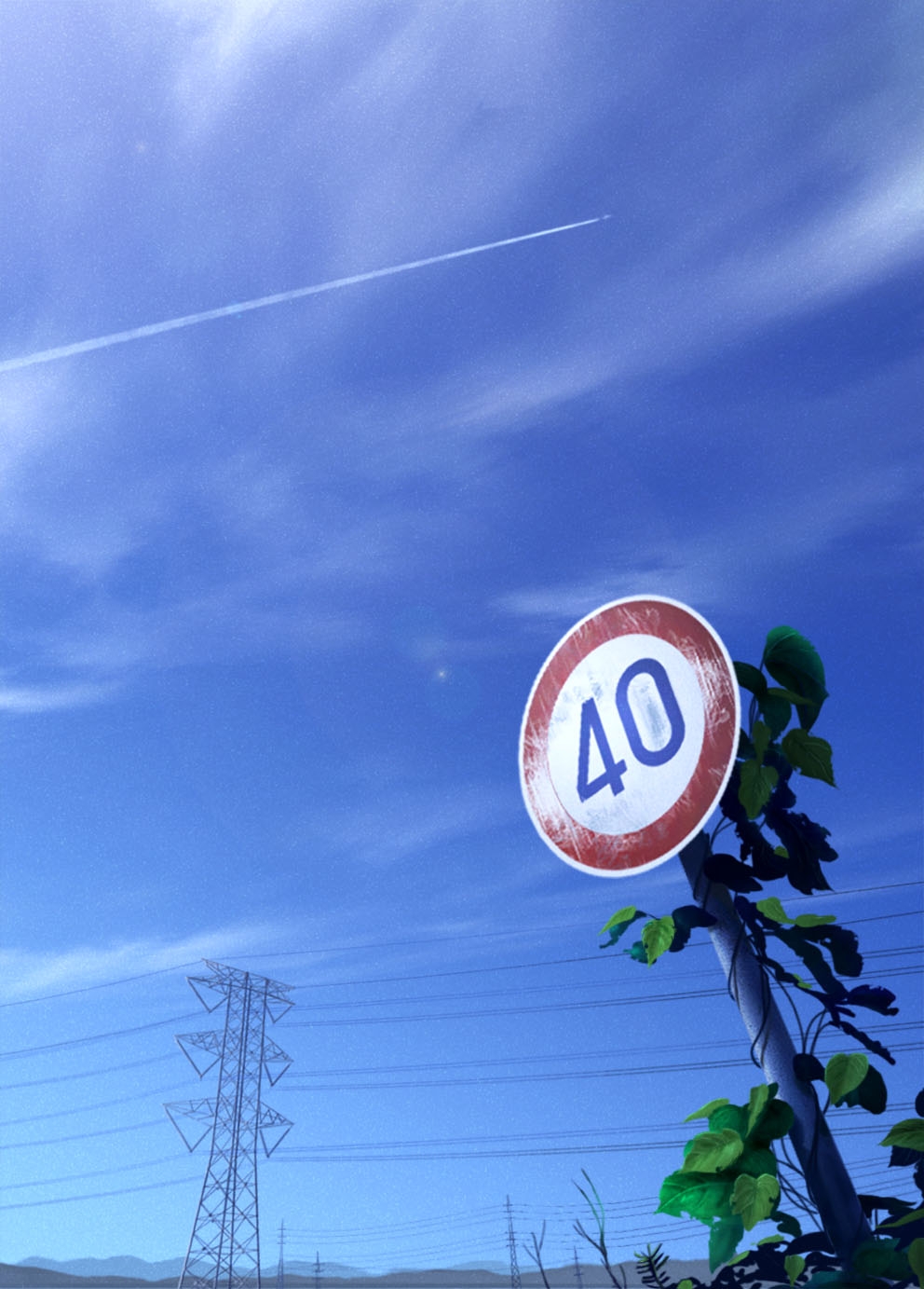 commentary condensation_trail day highres karanagi no_humans original outdoors plant road_sign scenery sign sky transmission_tower