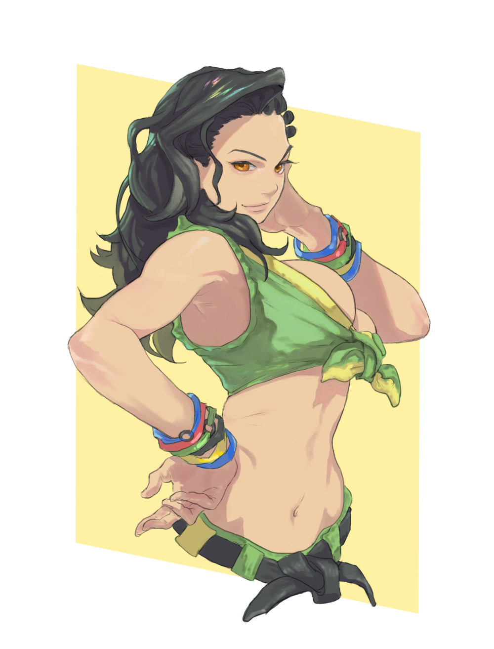 1girl asymmetrical_hair belt black_belt black_hair border bracelet brazilian breasts brown_eyes cornrows cropped_torso forehead front-tie_top hand_on_hip highres jewelry large_breasts laura_matsuda lips long_hair midriff navel sleeveless solo sora-bakabon street_fighter street_fighter_v white_border yellow_background