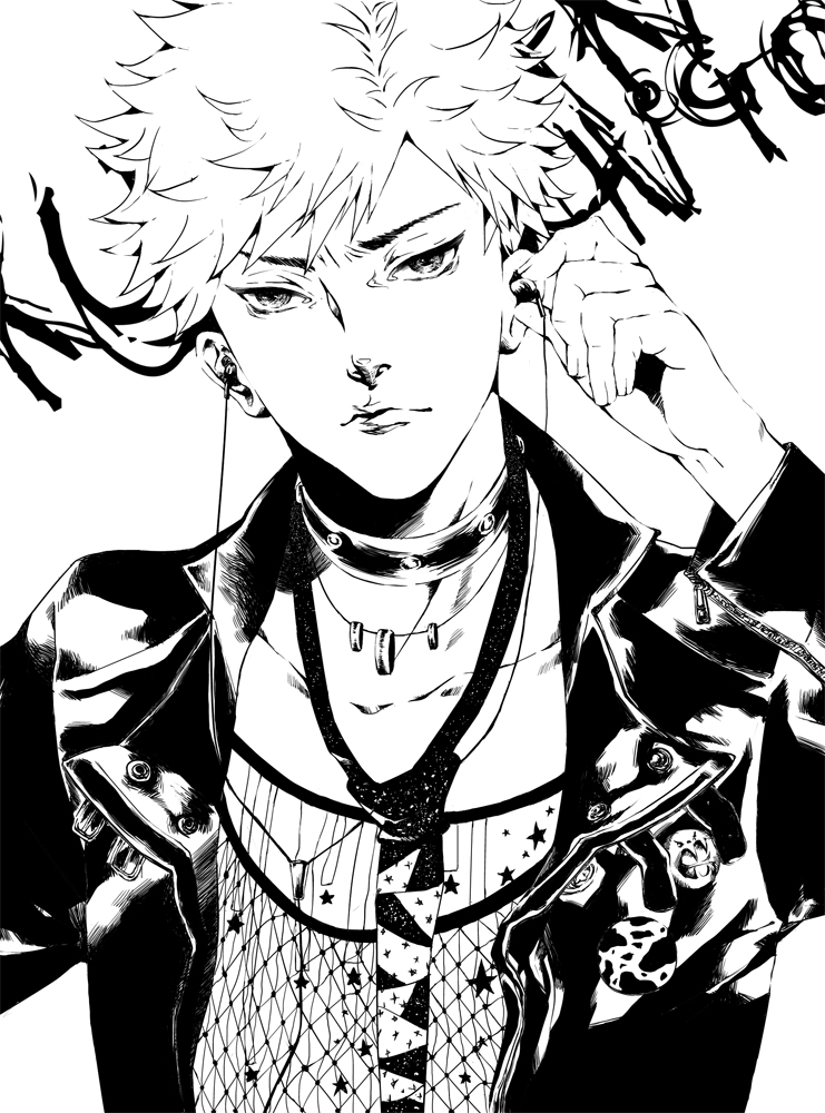 1boy asymmetrical_bangs bangs bleach buttons character_name collarbone commentary_request earphones furrowed_eyebrows greyscale jewelry kurosaki_ichigo looking_at_viewer male_focus monochrome necklace necktie serious simple_background spiky_hair white_background yangyieva