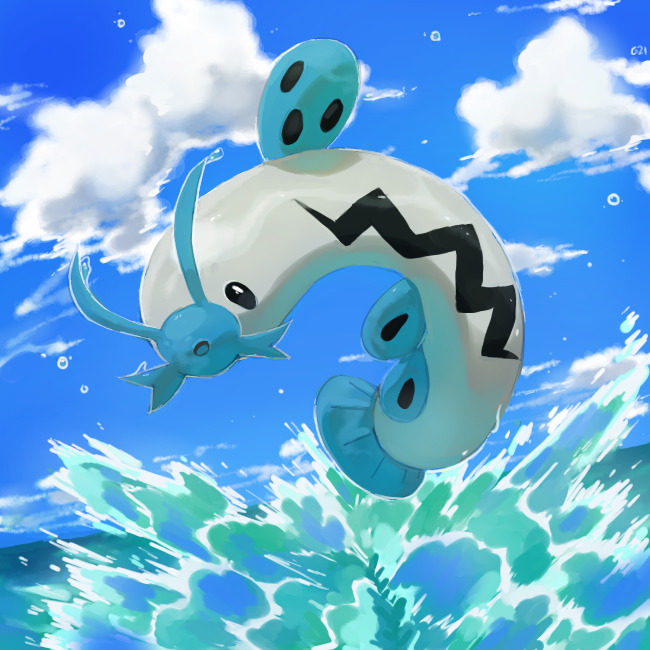 barboach black_eyes clouds cloudy_sky commentary creature day english_commentary fish full_body gen_3_pokemon jumping looking_at_viewer no_humans outdoors pinkgermy pokemon pokemon_(creature) sky solo splashing water