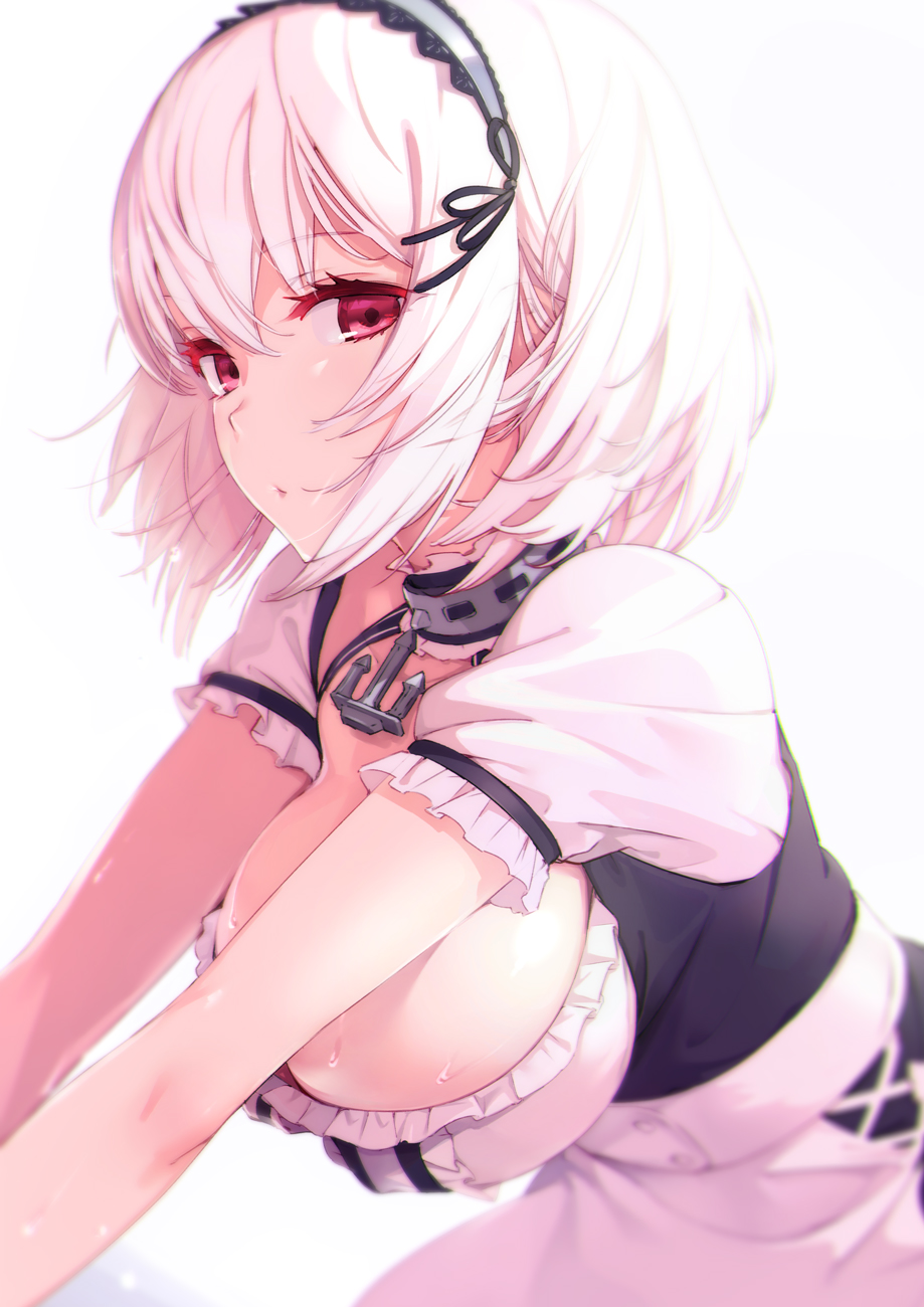 1girl anchor_choker apron azumi_akitake azur_lane breasts breasts_day collar commentary frilled_collar frilled_hairband frills hairband highres large_breasts looking_at_viewer red_eyes short_hair short_sleeves simple_background sirius_(azur_lane) solo upper_body white_background white_hair