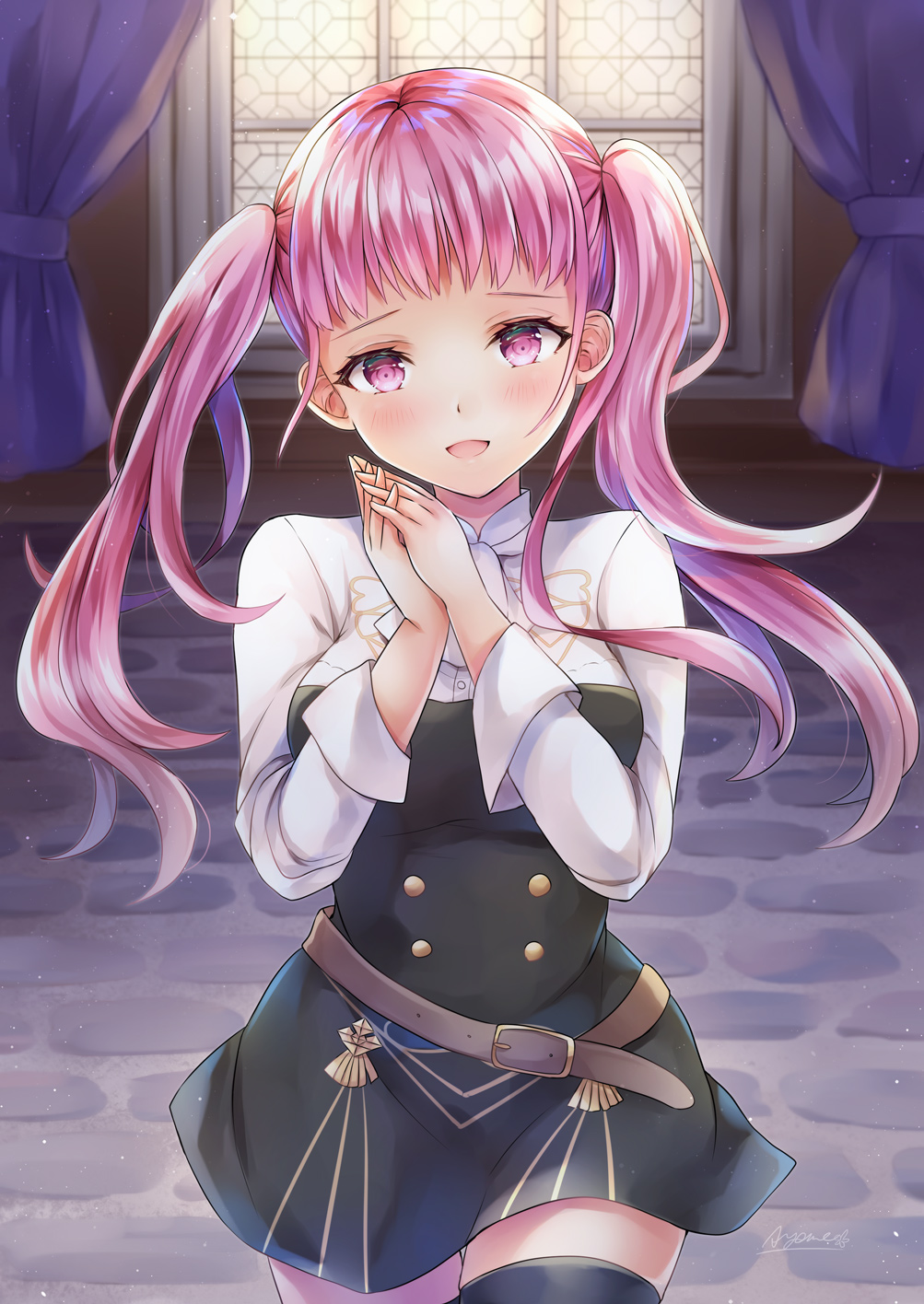 1girl ayame_(norie11) belt fire_emblem fire_emblem:_three_houses garreg_mach_monastery_uniform highres hilda_valentine_goneril long_hair long_sleeves open_mouth pink_eyes pink_hair solo twintails uniform window