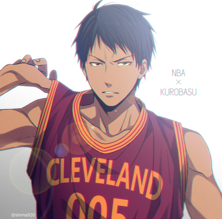 1boy aomine_daiki bare_shoulders basketball_uniform black_eyes black_hair cleveland_cavaliers clothes_writing collarbone copyright_name dark_skin dark_skinned_male grey_background hand_up kuroko_no_basuke lens_flare looking_at_viewer male_focus mashima_shima national_basketball_association parted_lips red_shirt shirt short_hair simple_background sleeveless sleeveless_shirt solo sportswear twitter_username upper_body