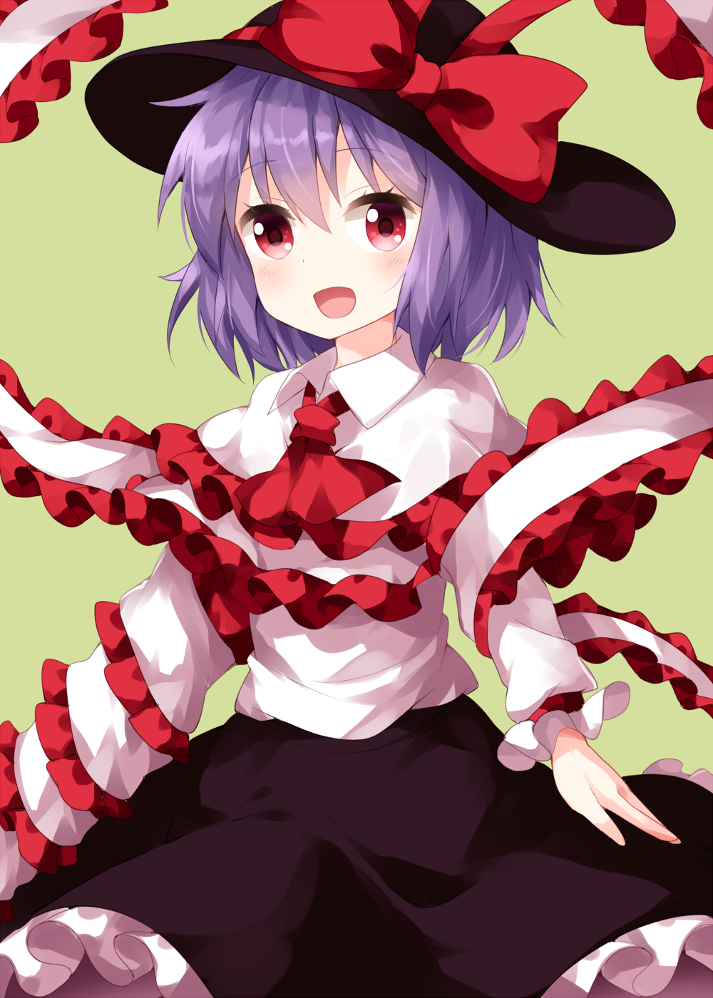 1girl ascot bangs black_headwear black_skirt bow capelet collared_shirt cowboy_shot drill eyebrows_visible_through_hair frilled_shawl frills green_background hair_between_eyes hat hat_bow highres long_sleeves looking_at_viewer medium_hair nagae_iku open_mouth purple_hair red_bow red_eyes red_neckwear ruu_(tksymkw) shawl shirt simple_background skirt smile solo standing touhou white_capelet white_shirt