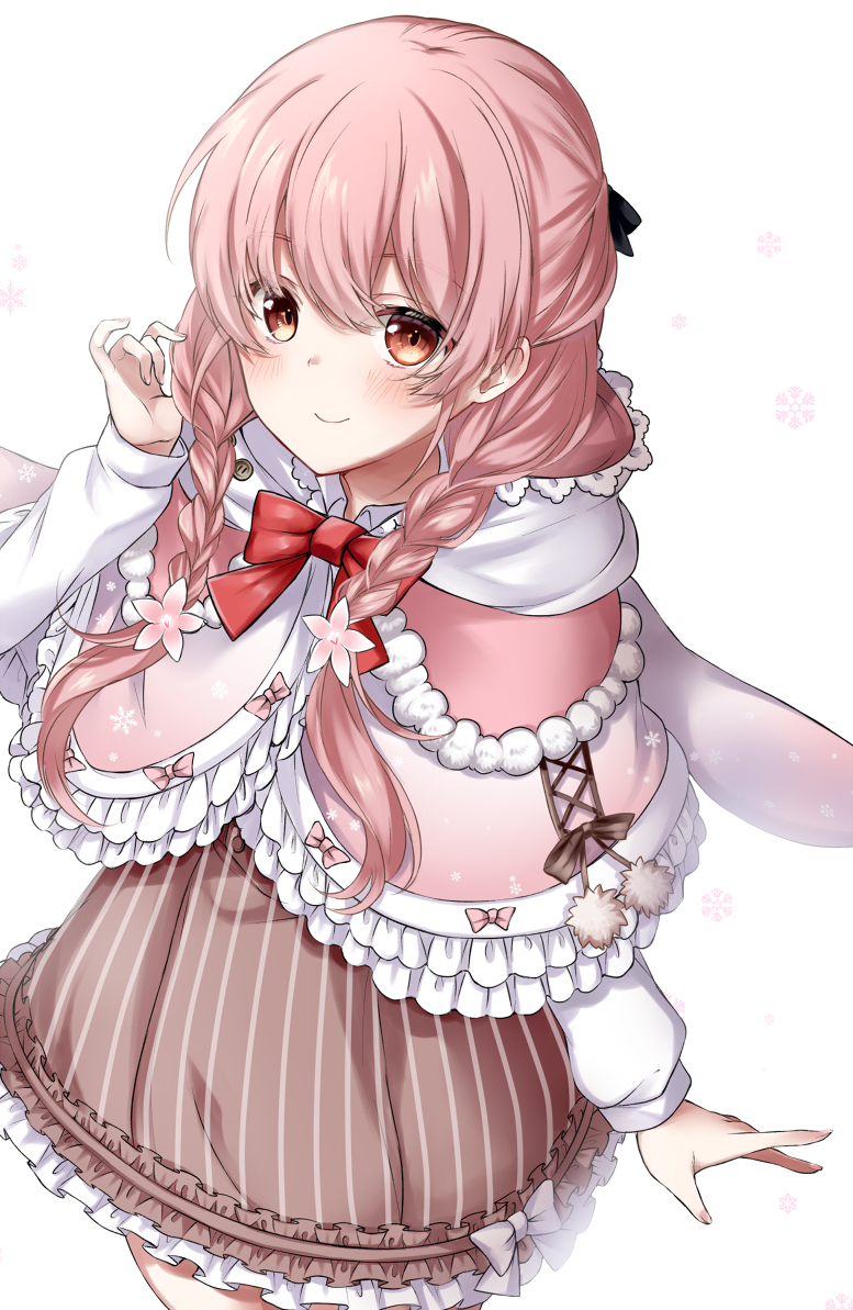 bangs blush braid brown_eyes brown_skirt capelet closed_mouth eyebrows_visible_through_hair frilled_capelet frilled_skirt frills hair_between_eyes hair_over_shoulder indie_virtual_youtuber kohanai_momomi long_hair long_sleeves looking_at_viewer mashiro_aa pink_capelet pink_hair simple_background skirt smile striped twin_braids twintails vertical-striped_skirt vertical_stripes virtual_youtuber white_background