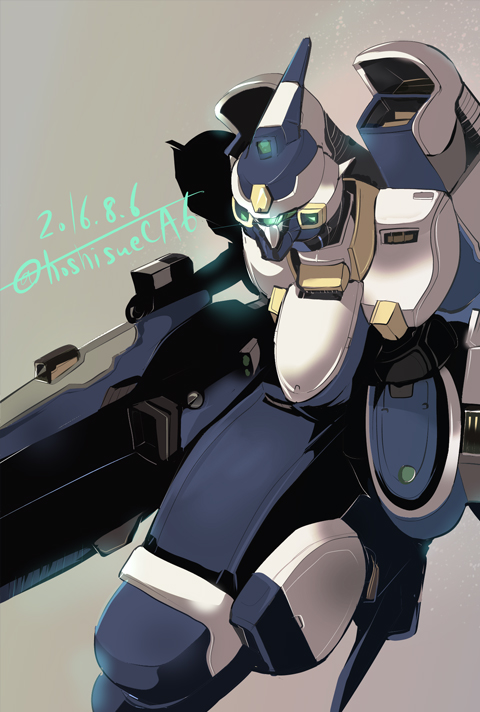 artist_name bellzelute dated glowing grey_background gun holding holding_gun holding_weapon hoshino_(pixiv12796893) leaning_forward looking_ahead mecha no_humans science_fiction solo super_robot_wars super_robot_wars_judgement visor weapon