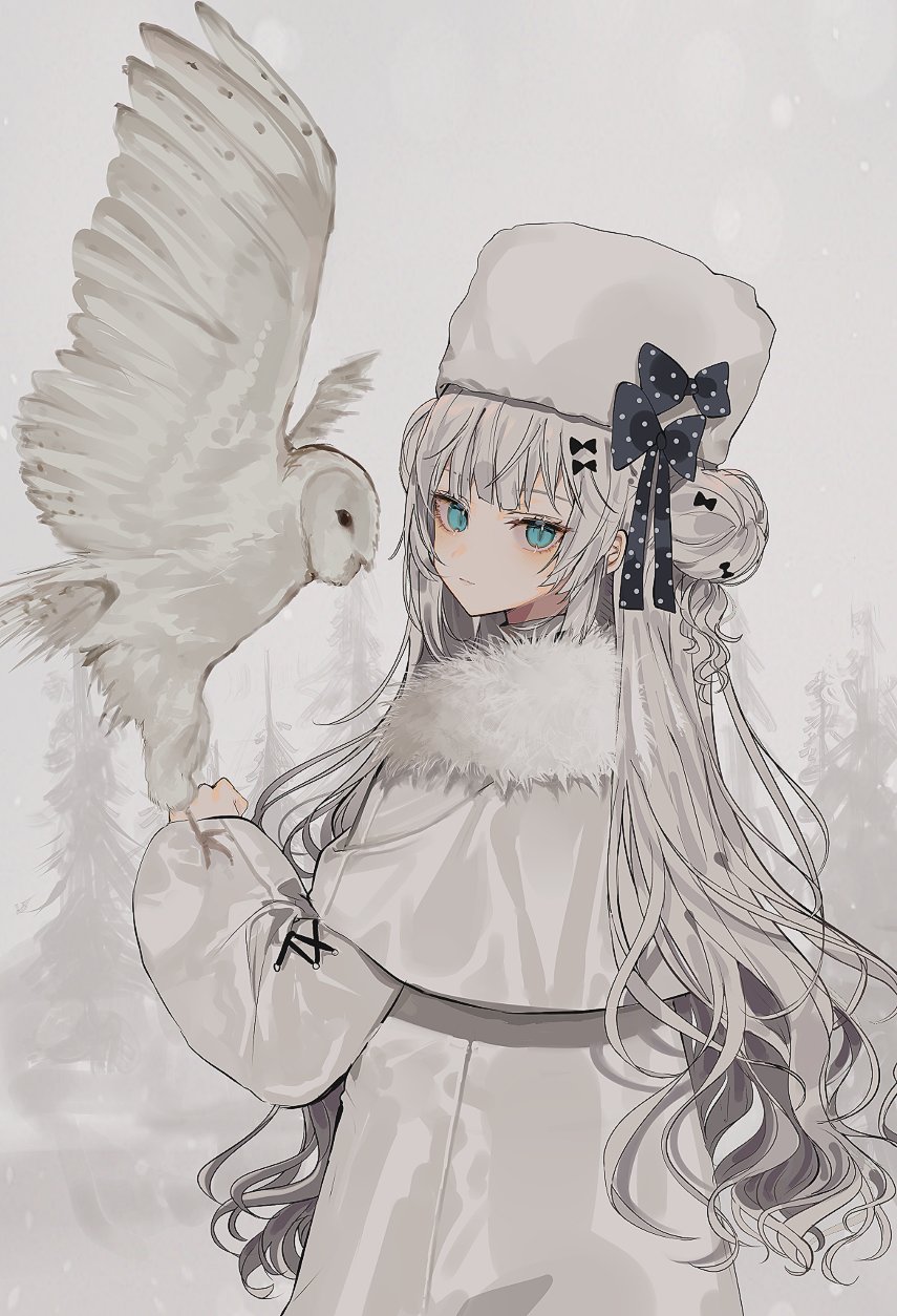 1girl bangs bird bird_on_hand blue_eyes bow chiemo_(xcem) closed_mouth coat double_bun from_side fur-trimmed_coat fur_trim hair_ribbon hat hat_bow head_tilt highres long_hair long_sleeves original outdoors owl papakha polka_dot ribbon silver_hair snow snowing tree wavy_hair white_coat white_headwear