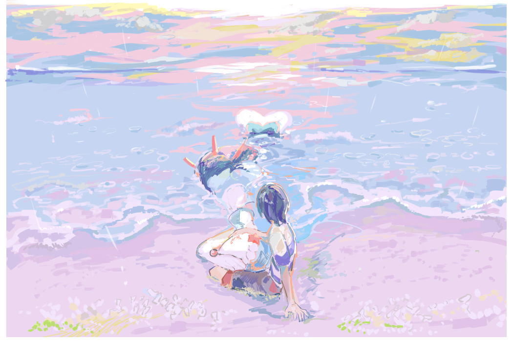 1boy apios1 arm_support beach black_hair black_shorts blue_hair border closed_eyes commentary_request elio_(pokemon) eyelashes from_behind full_body gen_7_pokemon hand_on_another's_face hand_up horizon lap_pillow long_hair lying male_focus ocean on_stomach outdoors partially_submerged pastel_colors pearl_(gemstone) pokemon pokemon_(creature) pokemon_(game) pokemon_sm primarina rain sand shiny shiny_hair short_hair shorts sitting sleeping starfish water white_border