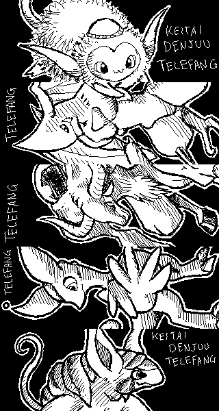 :3 angios_(telefang) annotated black_background commentary copyright_name creature english_commentary fangs greyscale gymnos_(telefang) gyuun_(telefang) high_contrast horns keitai_denjuu_telefang looking_away looking_to_the_side md5_mismatch monochrome no_humans pixel_art racieb rex_(telefang) simple_background standing stitched third-party_edit waratah_(telefang)