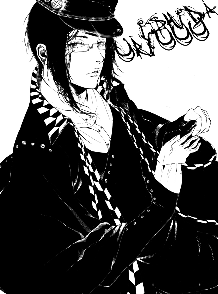 1boy alternate_costume bleach collared_shirt commentary_request glasses greyscale hat high_contrast ishida_uryuu looking_at_viewer male_focus monochrome shirt simple_background top_hat upper_body white_background yangyieva