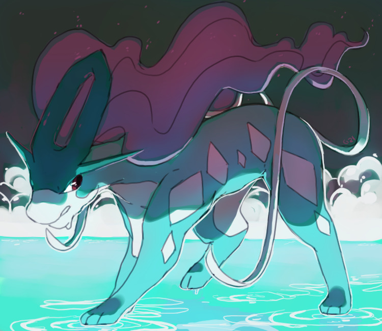 blue_theme brown_eyes commentary creature english_commentary full_body gen_2_pokemon legendary_pokemon long_hair no_humans pinkgermy pokemon pokemon_(creature) purple_hair serious solo standing suicune water