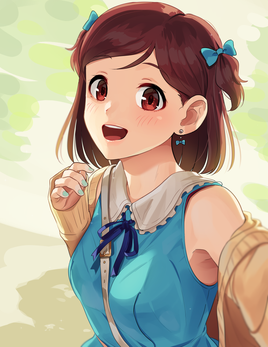 1girl :d aoba_misaki blue_bow blue_nails blue_shirt blush bow brown_eyes brown_hair earrings hair_bow idolmaster idolmaster_million_live! idolmaster_million_live!_theater_days jewelry kamille_(vcx68) nail_polish open_mouth self_shot shirt short_hair simple_background smile solo upper_body