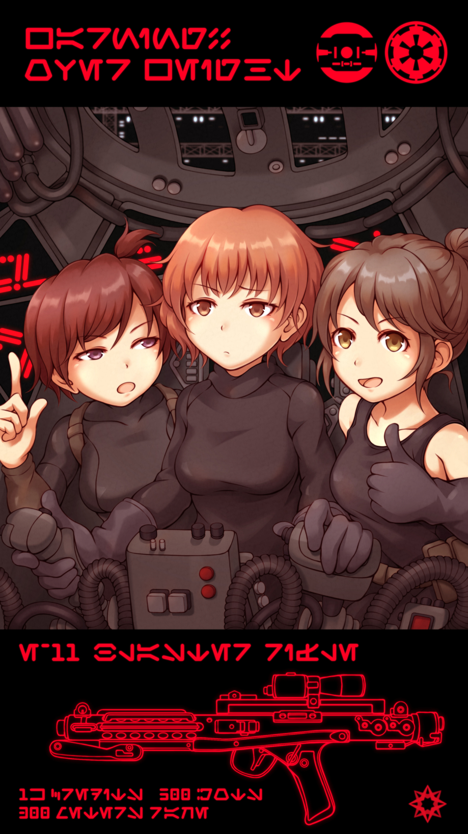 3girls annoyed aurebesh black_gloves breasts cockpit cramped energy_gun eyebrows_behind_hair galactic_empire gloves gun hair_bun highres looking_ahead looking_at_another looking_at_viewer medium_breasts multiple_girls nosh open_mouth pointing pointing_up rifle science_fiction scope short_hair short_sidetail star_wars tie_pilot violet_eyes weapon