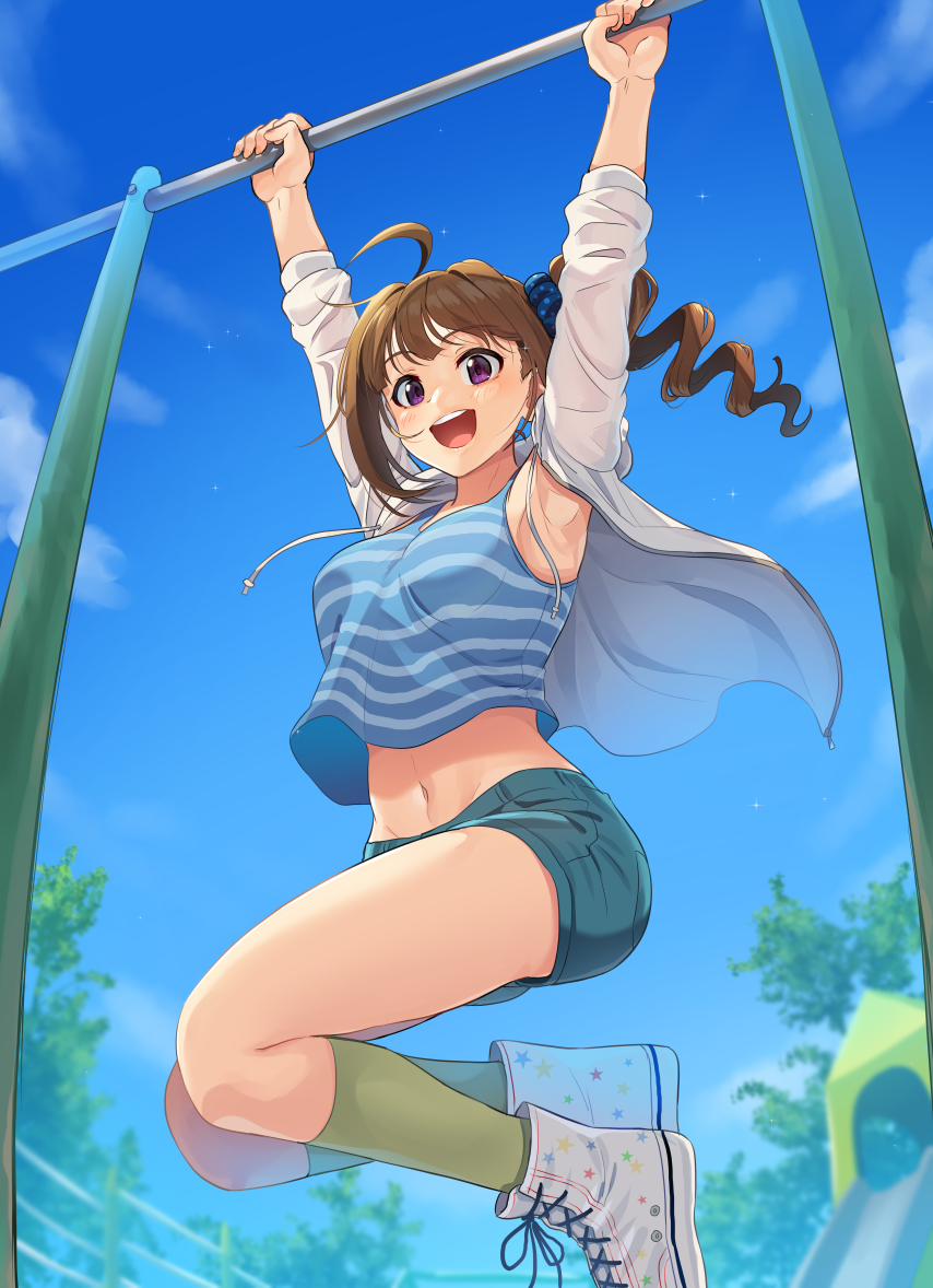 1girl :d ahoge armpits arms_up bangs blue_shirt blue_shorts blue_sky blurry blurry_background brown_hair clouds cloudy_sky commentary day denim denim_shorts depth_of_field drill_hair eyebrows_visible_through_hair green_legwear hair_ornament hair_scrunchie hanging hood hoodie horizontal_bar idolmaster idolmaster_million_live! jacket kamille_(vcx68) long_sleeves looking_at_viewer medium_hair midriff navel open_clothes open_jacket open_mouth outdoors print_footwear scrunchie shirt shoes short_shorts shorts side_drill side_ponytail sky smile sneakers socks solo star_(sky) star_(symbol) star_print starry_sky striped striped_shirt tank_top violet_eyes white_footwear white_jacket wind yokoyama_nao