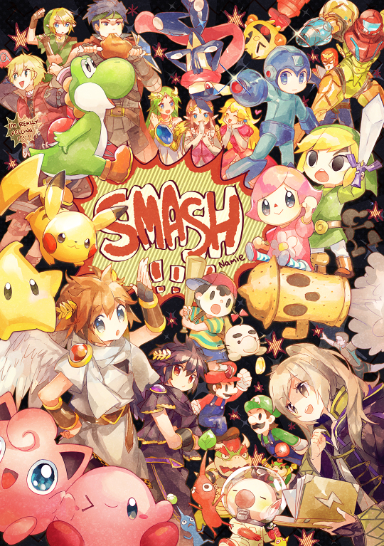 6+boys 6+girls :o animal_crossing backwards_hat baseball_bat baseball_cap black_eyes blue_eyes character_request commentary_request creature gen_1_pokemon gen_6_pokemon greninja happy hat heart holding holding_baseball_bat holding_sword holding_weapon jigglypuff kirby kirby_(series) looking_at_viewer luigi mario super_mario_bros. mother_(game) mother_2 multiple_boys multiple_girls namie-kun ness_(mother_2) one_eye_closed pac-man pac-man_(game) pikachu pikmin_(creature) pikmin_(series) pokemon pokemon_(creature) princess princess_peach princess_zelda rockman rockman_(character) signature super_smash_bros. sword tagme the_legend_of_zelda weapon yoshi