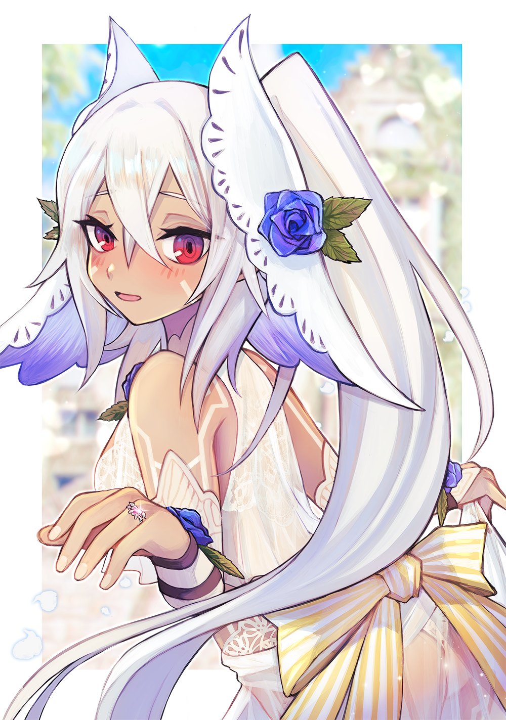 1girl azur_lane bangs blue_flower blue_rose blush bodypaint bride commentary_request crossed_bangs dark_skin dark-skinned_female dress facepaint flower from_side hair_between_eyes hair_flower hair_ornament highres jewelry long_hair long_ponytail looking_at_viewer minneapolis_(azur_lane) minneapolis_(trapper_white)_(azur_lane) native_american open_mouth ponytail red_eyes ring rose sidelocks silver_hair skirt_hold smile solo sosogi_m standing wedding_dress wedding_ring