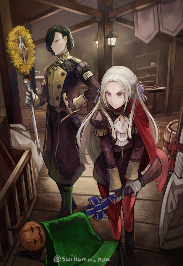 1boy 1girl axe black_hair cape closed_mouth edelgard_von_hresvelg fire_emblem fire_emblem:_three_houses fire_emblem_heroes garreg_mach_monastery_uniform gloves hair_ribbon holding holding_axe hubert_von_vestra long_hair long_sleeves red_cape red_legwear ribbon short_hair suikomu_now twitter_username uniform violet_eyes white_gloves white_hair