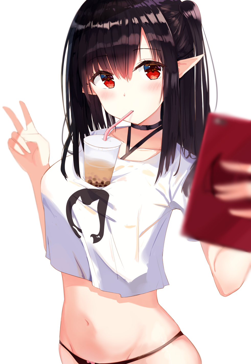 1girl arknights black_choker black_hair black_panties blurry blurry_foreground blush breasts bubble_tea bubble_tea_challenge cellphone choker closure_(arknights) collarbone crop_top depth_of_field drinking drinking_straw eyebrows_visible_through_hair groin hair_between_eyes hand_up highres holding large_breasts long_hair navel no_pants object_on_breast one_side_up panties phone pointy_ears red_eyes self_shot shirt short_sleeves sidelocks simple_background smartphone solo stomach string_panties stuffed_toy t-shirt underwear upper_body v white_background white_shirt zhiyou_ruozhe