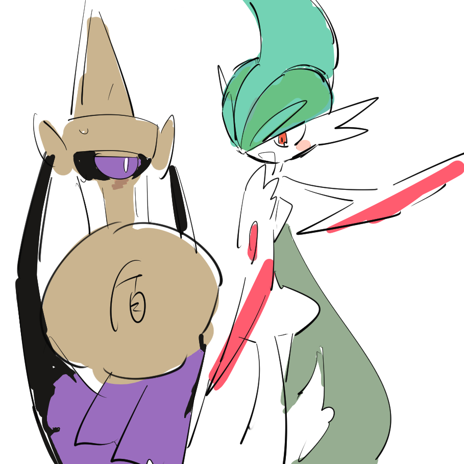 1boy aegislash apios1 aqua_hair arm_up bangs black_sclera blush_stickers colored_skin commentary_request eye_contact gallade gen_4_pokemon gen_6_pokemon green_hair hair_over_one_eye half-closed_eyes hand_up happy looking_at_another male_focus mega_gallade mega_pokemon mohawk multicolored_hair one-eyed open_mouth outstretched_arm pokemon pokemon_(creature) shield simple_background sketch smile standing sweat sword two-tone_hair violet_eyes weapon white_background white_skin
